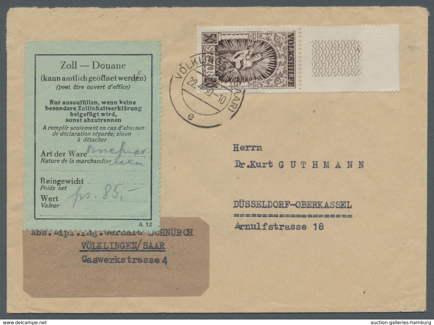 Saarland (1947/56): 1949, "50 Fr. Volkshilfe", Oberrandwert Mit Zierfeld Als EF Auf Warenbrief Mit Z - Cartas & Documentos