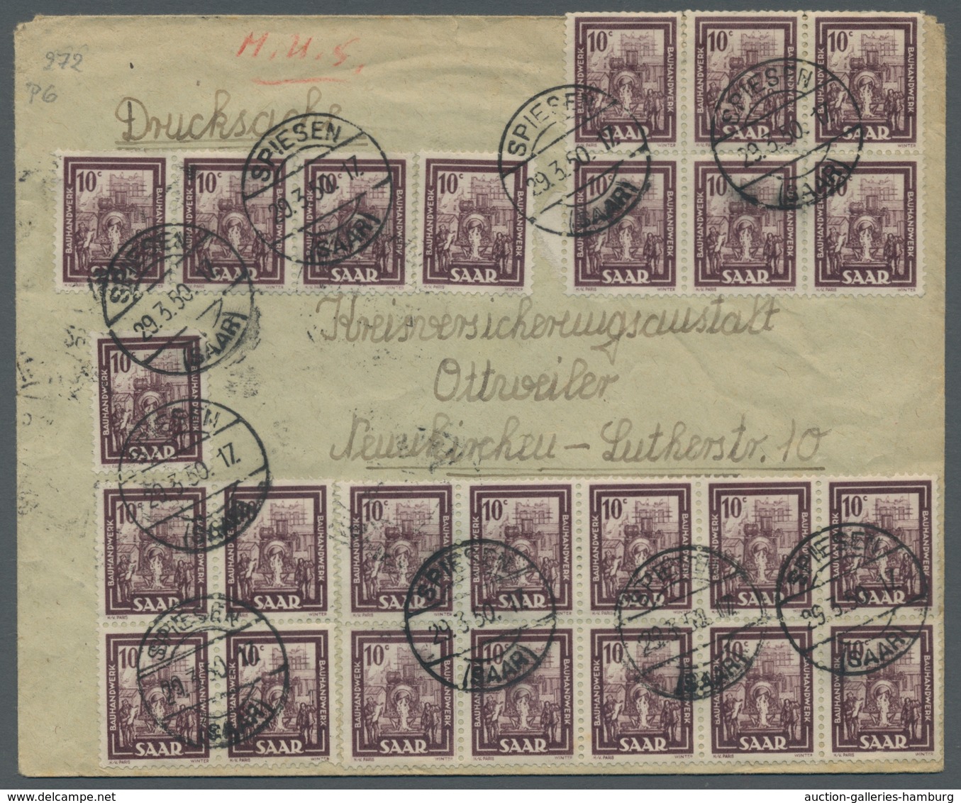 Saarland (1947/56): 1949, "10 C. Saar IV", 50 Werte Vs./rs. Als Seltene Portorichtige Massen-MeF Auf - Cartas & Documentos