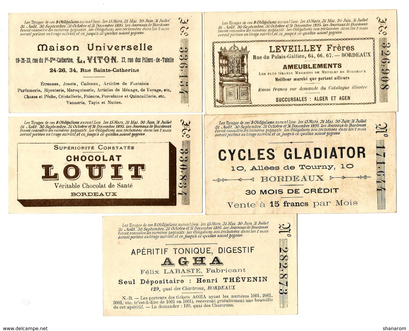 1895 // BORDEAUX // RESTAURANT DU LOUVRE // Avec Pub Au Verso // 5 Bons Prime - Bonds & Basic Needs