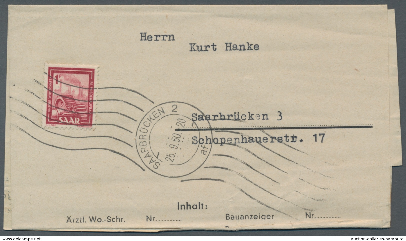Saarland (1947/56): 1949, "1 Fr. Saar IV", Einzelwert Als Sehr Seltene Portorichtige EF Auf Orts-Zei - Cartas & Documentos