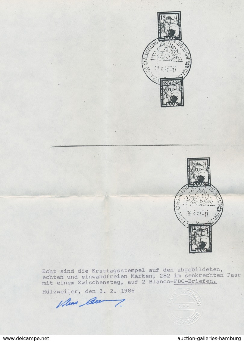 Saarland (1947/56): 1949, "3, 6 und 18 Fr. Saar IV je als Zwischenstegpaar", sechs Blanko-FDC mit SS