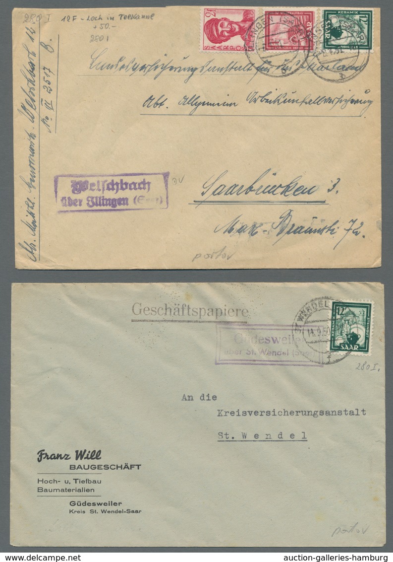 Saarland (1947/56): 1949, "12 Fr. Saar IV Mit PLF I Bzw. II", Als EF Bzw. Mit Zusatzfrankatur Auf Zw - Cartas & Documentos