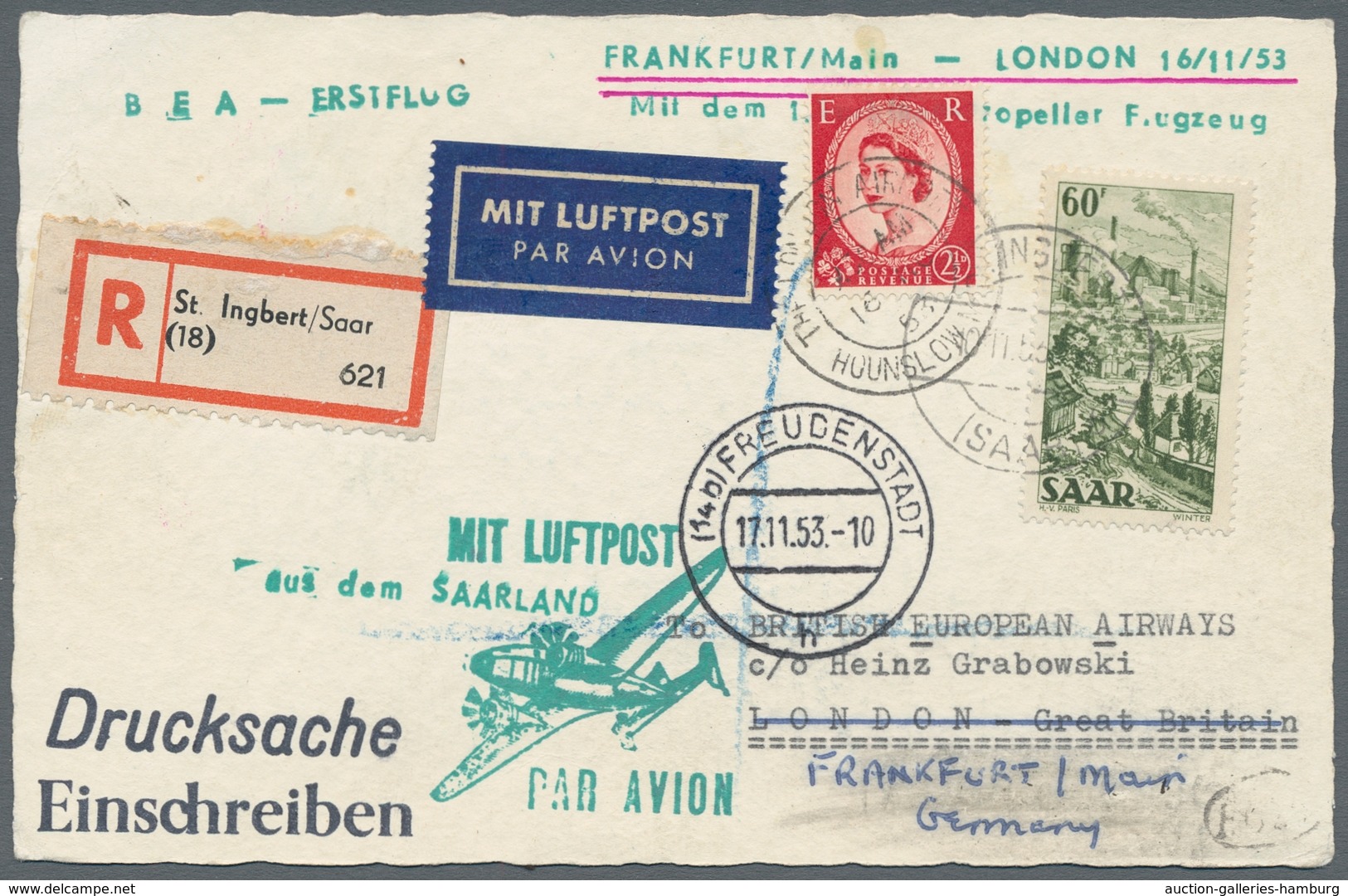 Saarland (1947/56): 1953, Luftpost-Einschreibkarte Nach London Und Zurück Nach Frankfurt, Mit Länder - Cartas & Documentos