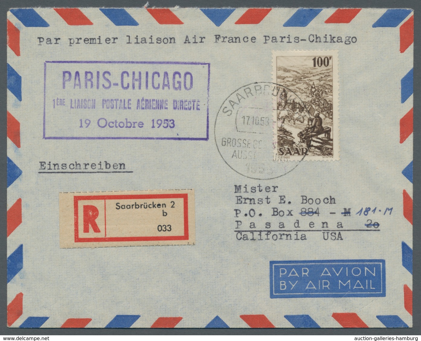 Saarland (1947/56): 1949, "100 Fr. Saar IV Mit PLF I" Als Portorichtige EF Auf R-Brief Zum Erstflug - Cartas & Documentos