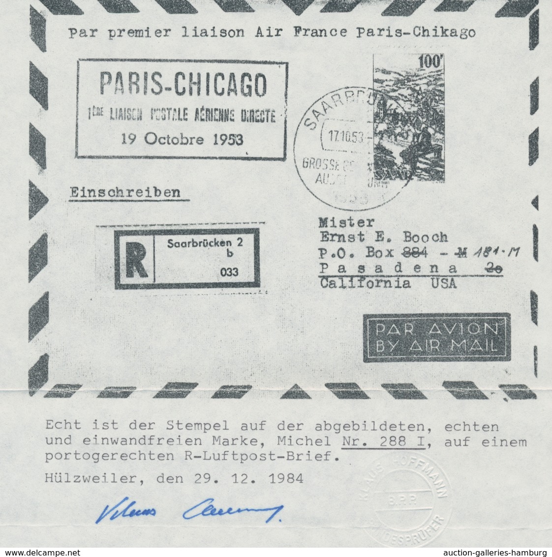 Saarland (1947/56): 1949, "100 Fr. Saar IV Mit PLF I" Als Portorichtige EF Auf R-Brief Zum Erstflug - Cartas & Documentos