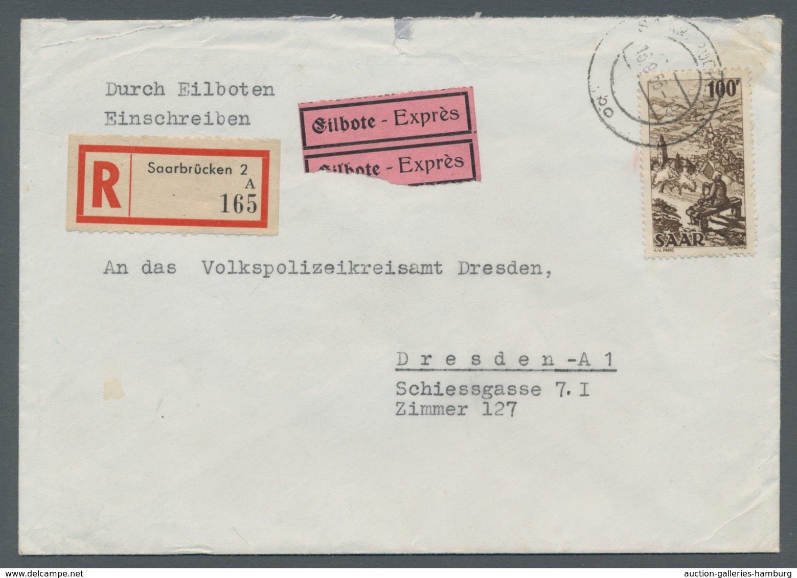 Saarland (1947/56): 1949, "100 Fr. Saar IV Mit PLF II" Als Sehr Seltene Portorichtige EF Auf Eil-R-B - Cartas & Documentos