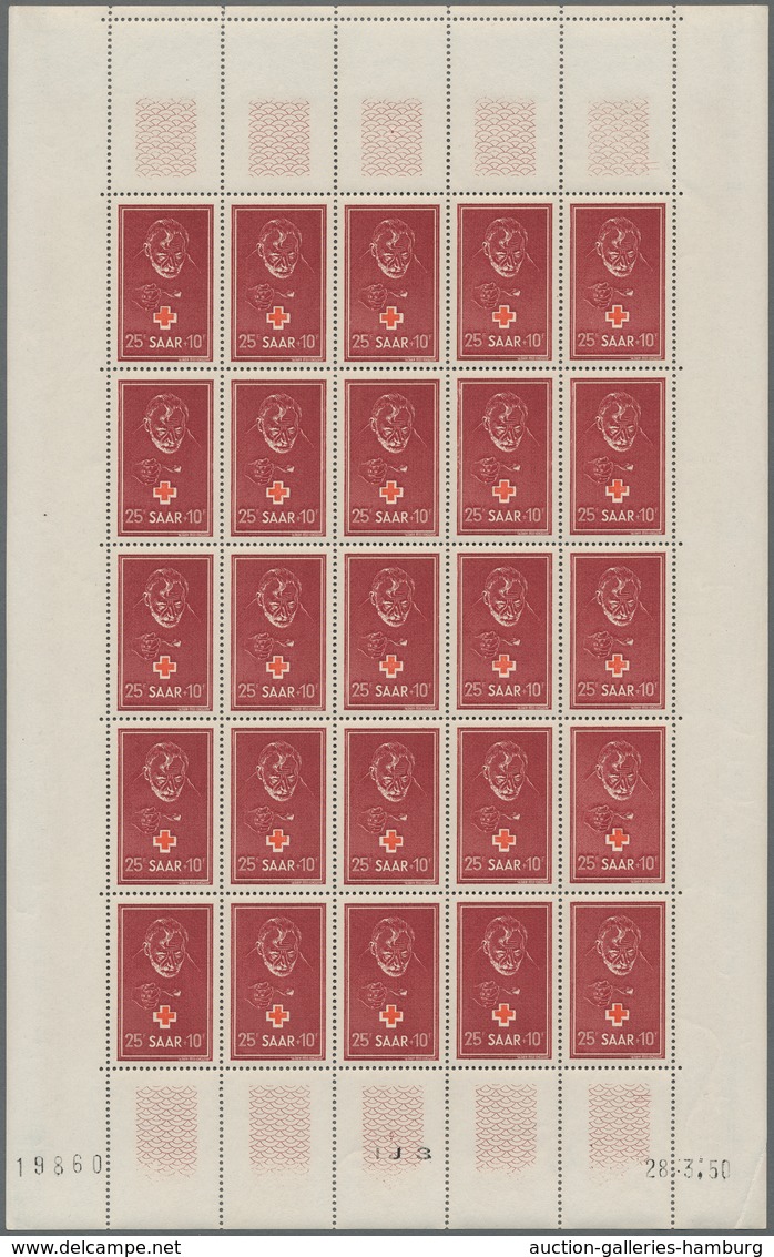 Saarland (1947/56): 1950, "Rotes Kreuz", Kompletter Postfrischer Bogen, Einmal Minimal Angetrennt, S - Cartas & Documentos