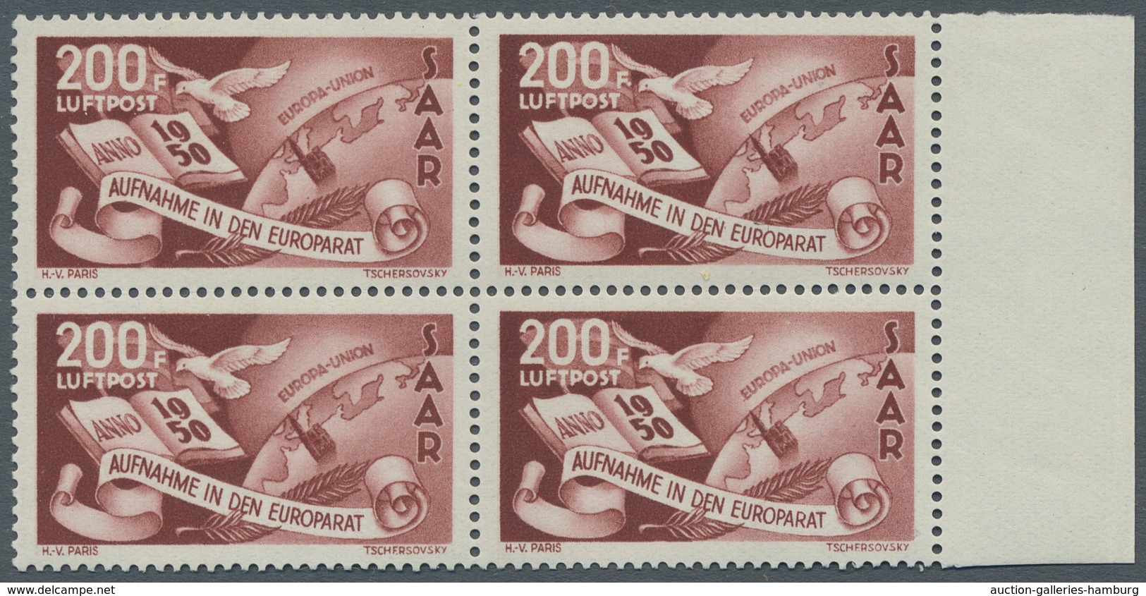 Saarland (1947/56): 1950, "Europarat", Postfrischer Viererblocksatz, Der Kleinwert Als Eckrand Oben - Cartas & Documentos