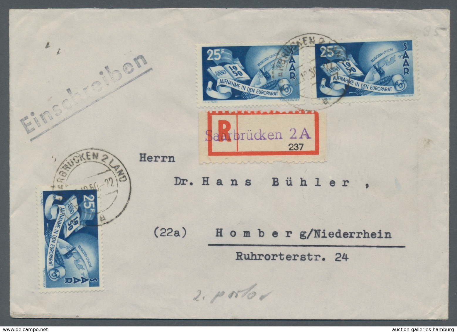 Saarland (1947/56): 1950, "25 Fr. Europarat", Drei Werte Als Portorichtige MeF Auf R-Brief Von SAARB - Cartas & Documentos