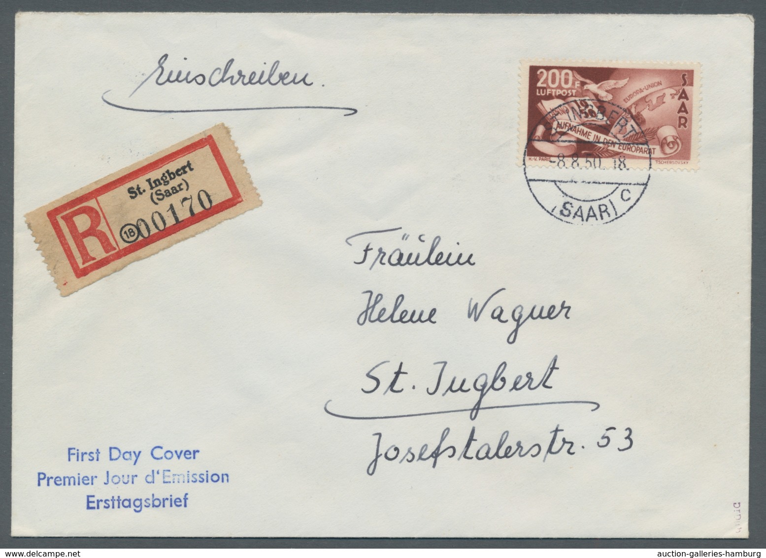 Saarland (1947/56): 1950, 200 Fr. Braunrot, Als Ef Auf Orts-R-Brief Mit Ersttagstpl. St. Ingbert 8.8 - Cartas & Documentos