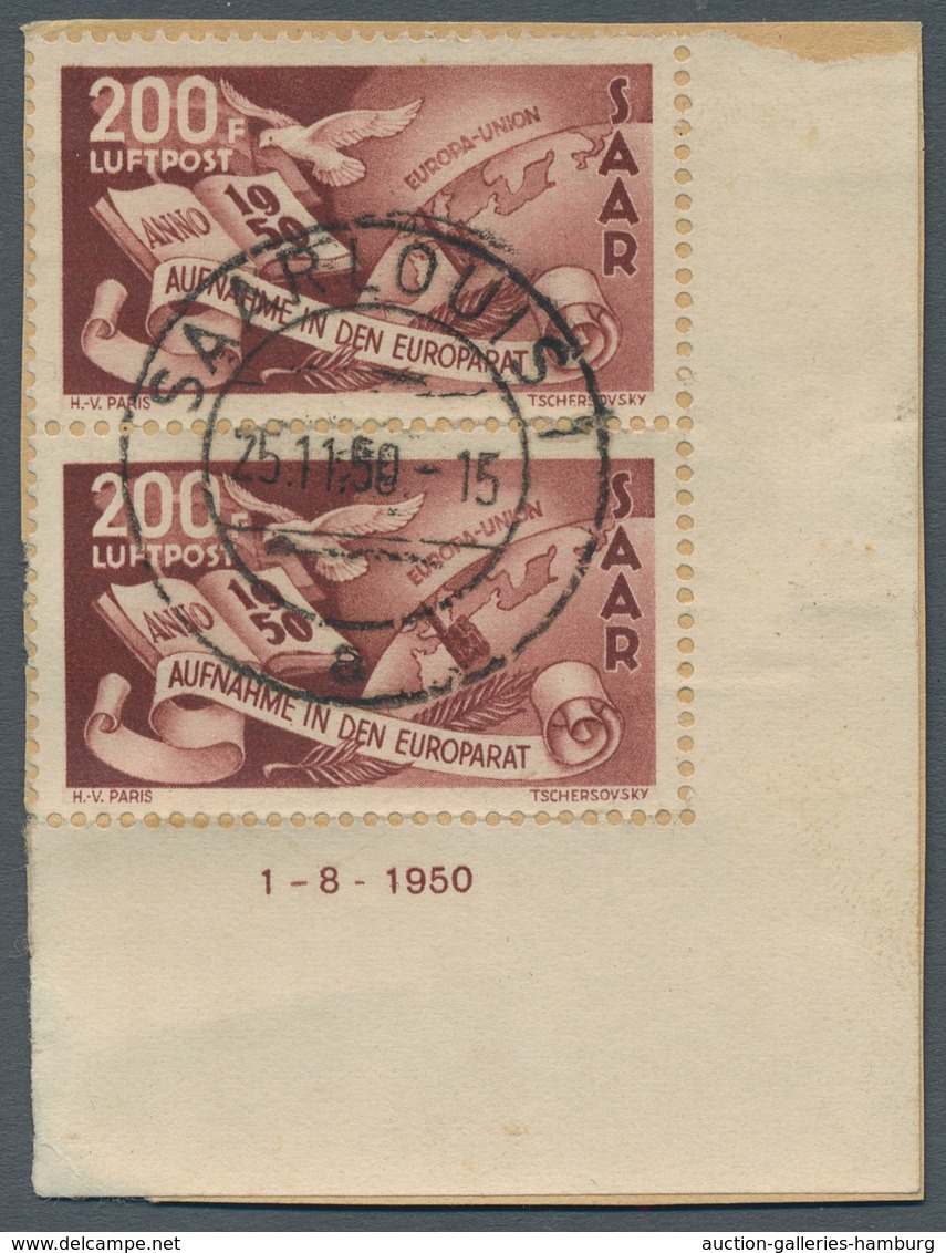 Saarland (1947/56): 1950, "200 Fr. Europarat Mit Druckdatum", Senkrechtes Eckrandpaar Mit Normalmark - Cartas & Documentos