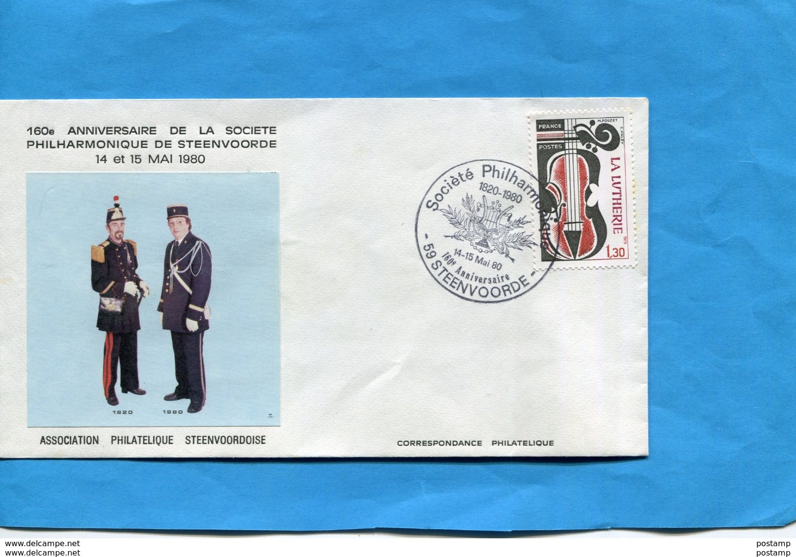 -enveloppe  -photo Uniforme -1920-1980-160°anniv Sté Philarmonique-STEENVOORDE-* Cachet  1980 - Cachets Commémoratifs