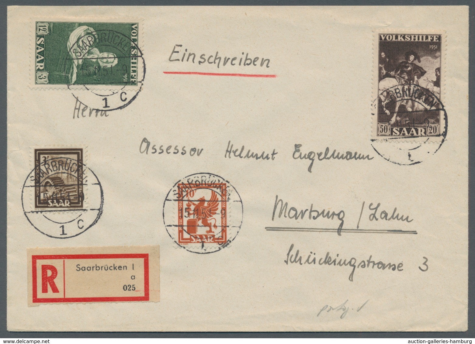 Saarland (1947/56): 1951, "Volkshilfe" Komplett Auf Drei Portorichtigen Belegen, Dabei Ein R-Brief, - Cartas & Documentos