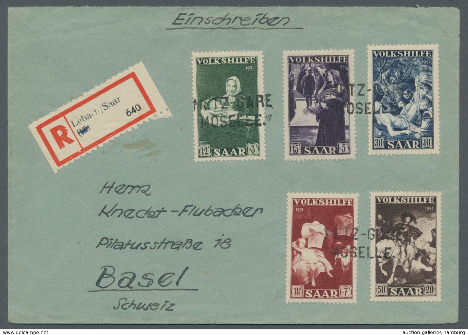 Saarland (1947/56): 1951, "Volkshilfe" Komplett Auf R-Brief Mit Sehr Seltener Entwertung Durch Den G - Cartas & Documentos