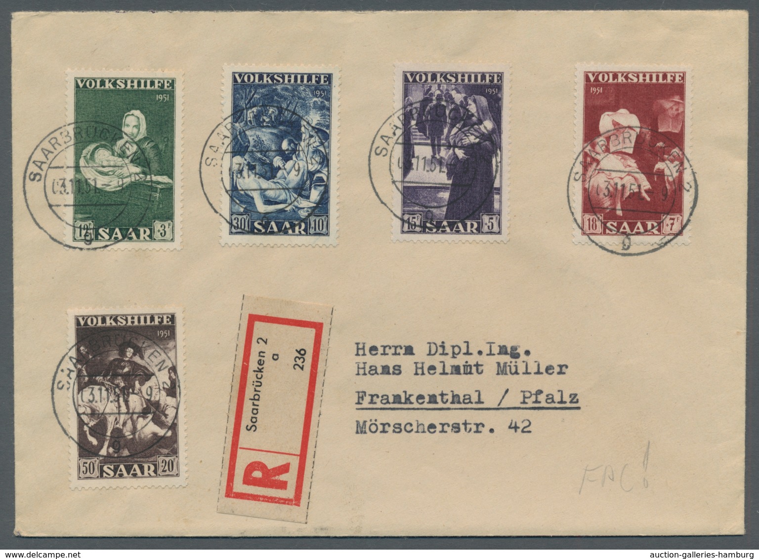 Saarland (1947/56): 1951, "Volkshilfe", Je Wert Zentral Mit Ersttags-Tagesstempel SAARBRÜCKEN 2 G 03 - Briefe U. Dokumente