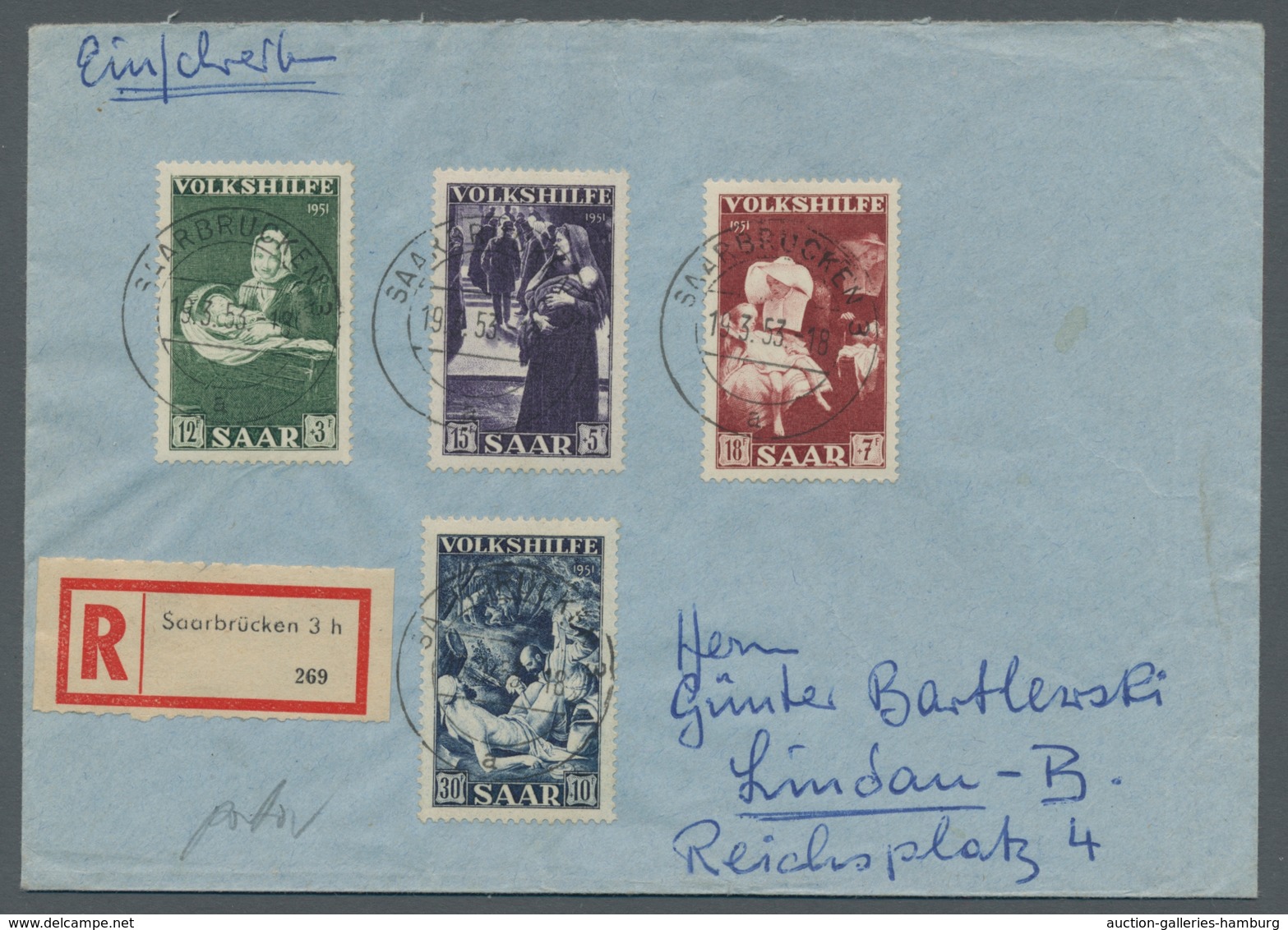 Saarland (1947/56): 1951, "12 Bis 30 Fr. Volkshilfe" Als Portorichtige MiF Auf R-Brief Von SAARBRÜCK - Cartas & Documentos