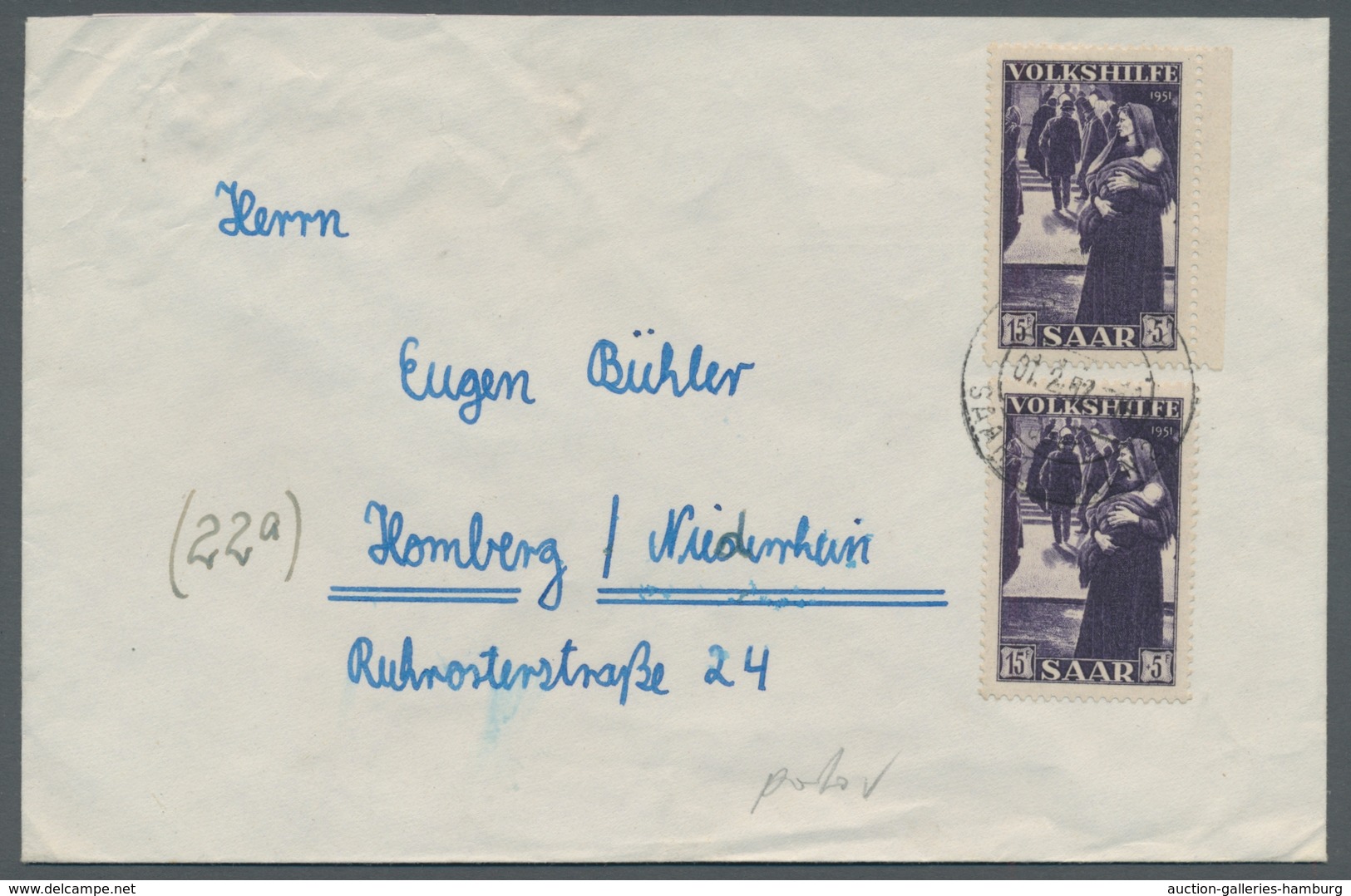 Saarland (1947/56): 1951, "15 Fr. Volkshilfe", Zwei Werte Als Portorichtige MeF Auf Fernbrief, Oben - Cartas & Documentos