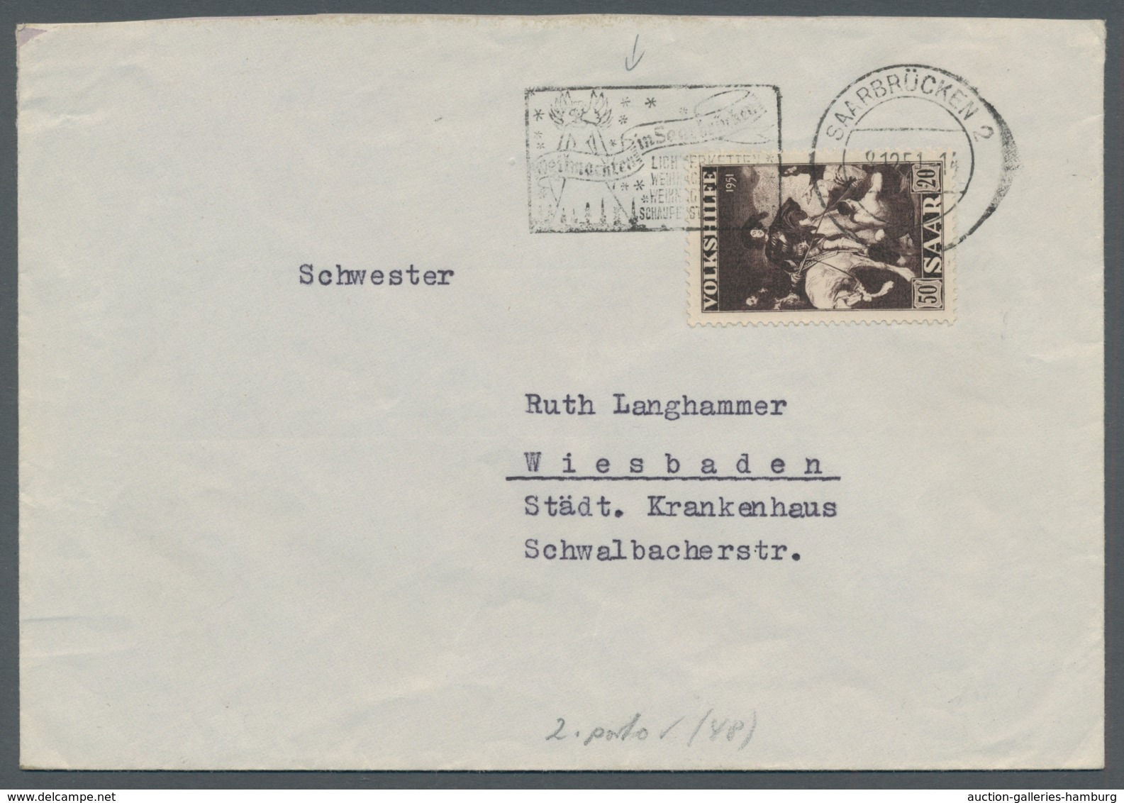 Saarland (1947/56): 1951, "50 Fr. Volkshilfe" Als Portorichtige EF Auf Brief Mit Seltenem Maschinen- - Briefe U. Dokumente