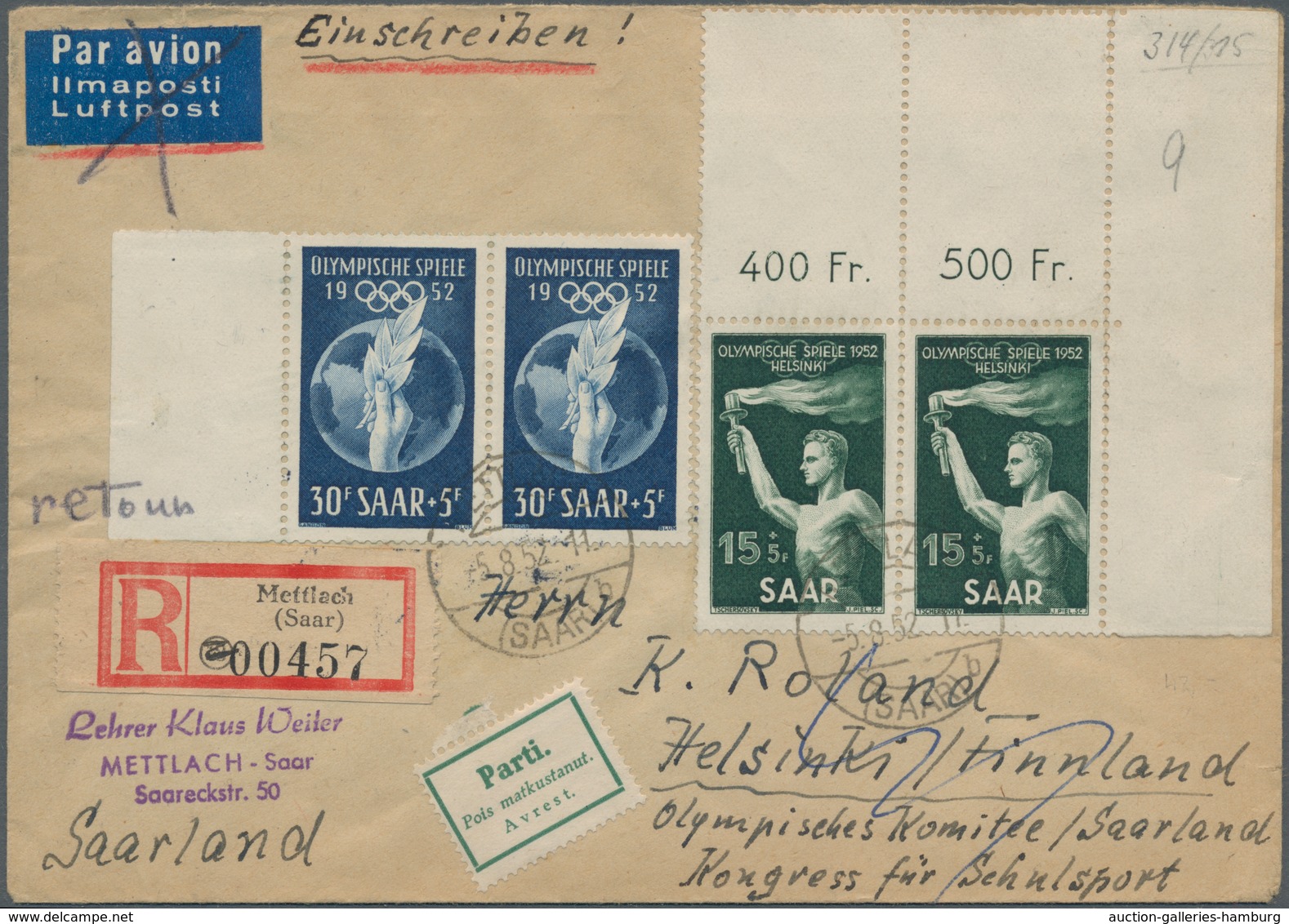 Saarland (1947/56): 1952, Brief An Das "Olympische Komitée Saarland" In Helsinki (frankiert Mit Waag - Briefe U. Dokumente