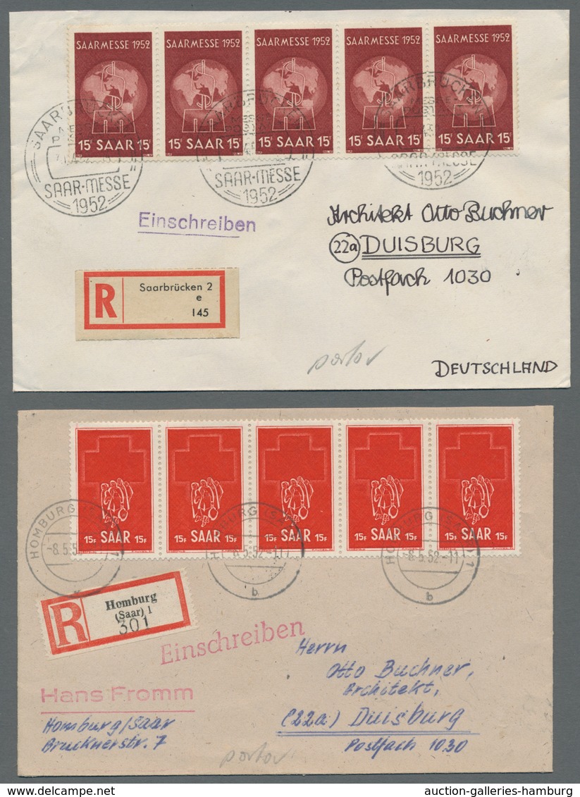 Saarland (1947/56): 1952, "Saarmesse Und Rotes Kreuz", Je Fünferstreifen Als Portorichtige MeF Auf Z - Briefe U. Dokumente