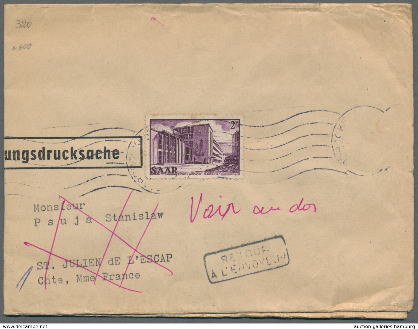 Saarland (1947/56): 1952, "2 Fr. Saar V" Als Portorichtige EF Auf Sehr Seltener "Verbilligter Zeitun - Cartas & Documentos