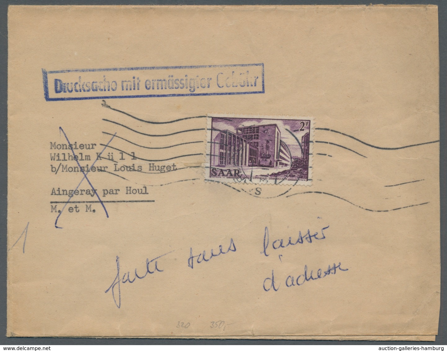 Saarland (1947/56): 1952, 2 Fr. Violett, Aus SAAR V, Als Seltene Ef. Auf Drucksache Zu Ermässigter G - Cartas & Documentos