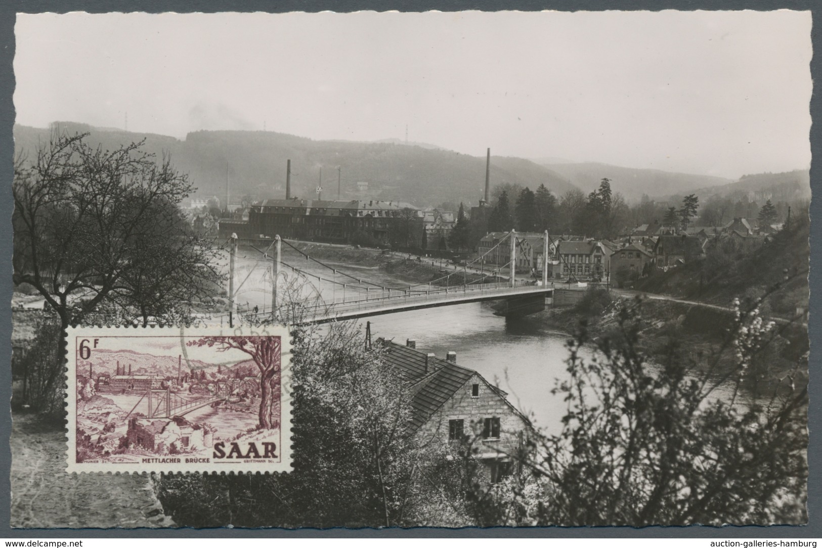 Saarland (1947/56): 1952, "6 Fr. Saar V" Mit Ersttagsstempel METTLACH (SAAR) B -1.8.53 Bildseitig Al - Cartas & Documentos