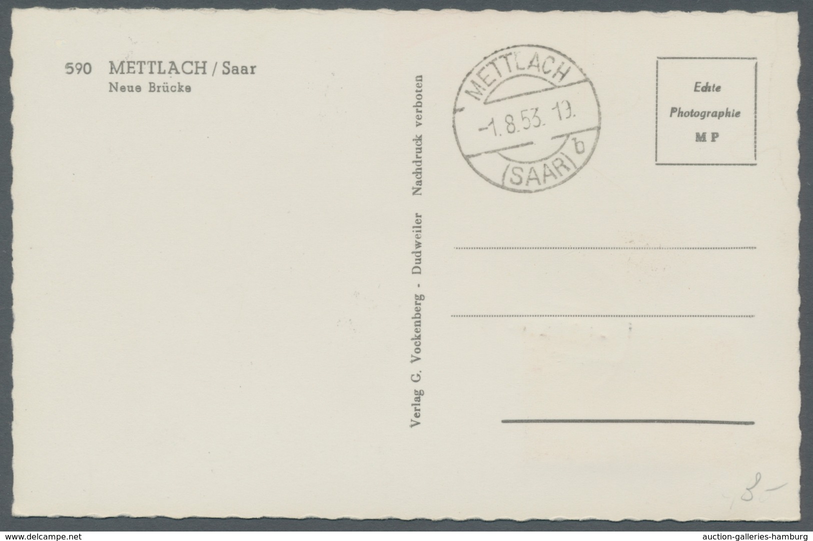 Saarland (1947/56): 1952, "6 Fr. Saar V" Mit Ersttagsstempel METTLACH (SAAR) B -1.8.53 Bildseitig Al - Cartas & Documentos