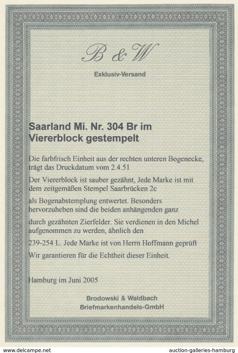 Saarland (1947/56): 1951, "Rotes Kreuz Mit Druckdatum", Eckrandviererblock Mit Zusätzlich Zweimal Du - Briefe U. Dokumente