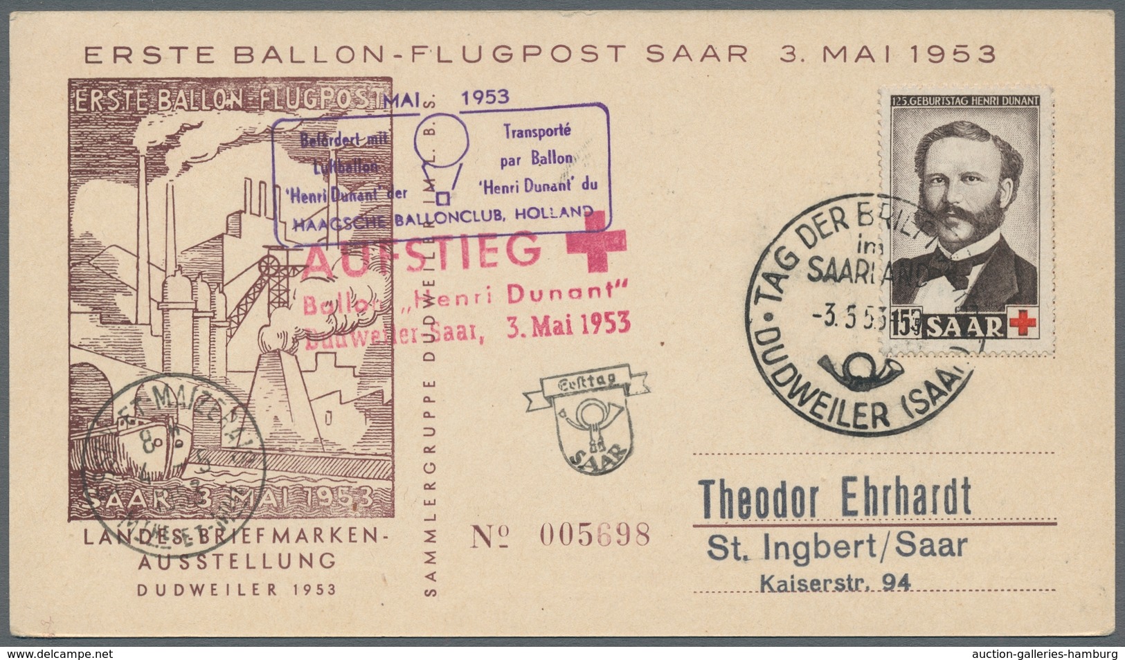 Saarland (1947/56): 1953, "Henri Dunant", Sieben Ersttagskarten, Alle Per Ballonpost Befördert, Deko - Briefe U. Dokumente