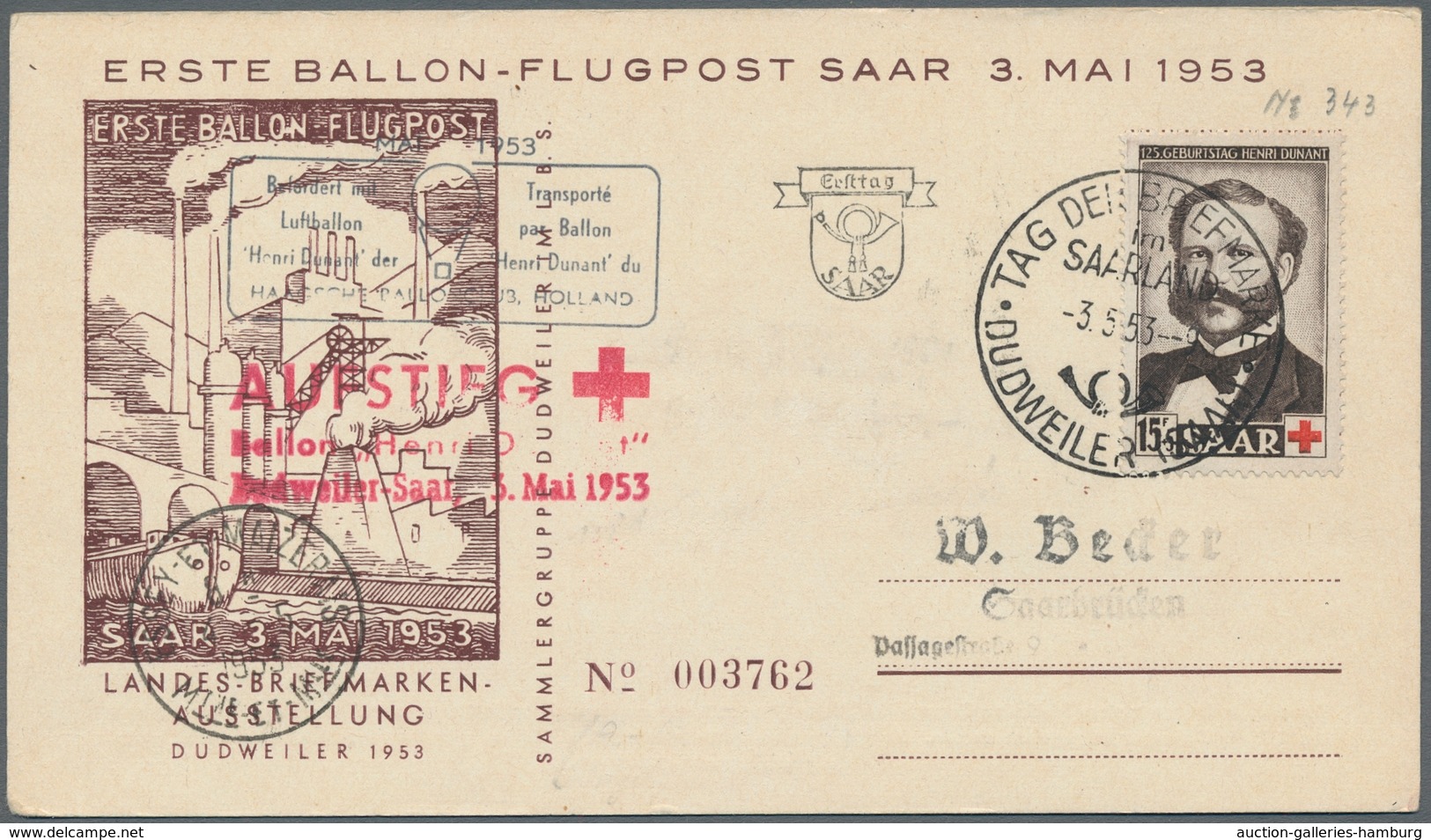 Saarland (1947/56): 1953, "Henri Dunant", Sieben Ersttagskarten, Alle Per Ballonpost Befördert, Deko - Cartas & Documentos
