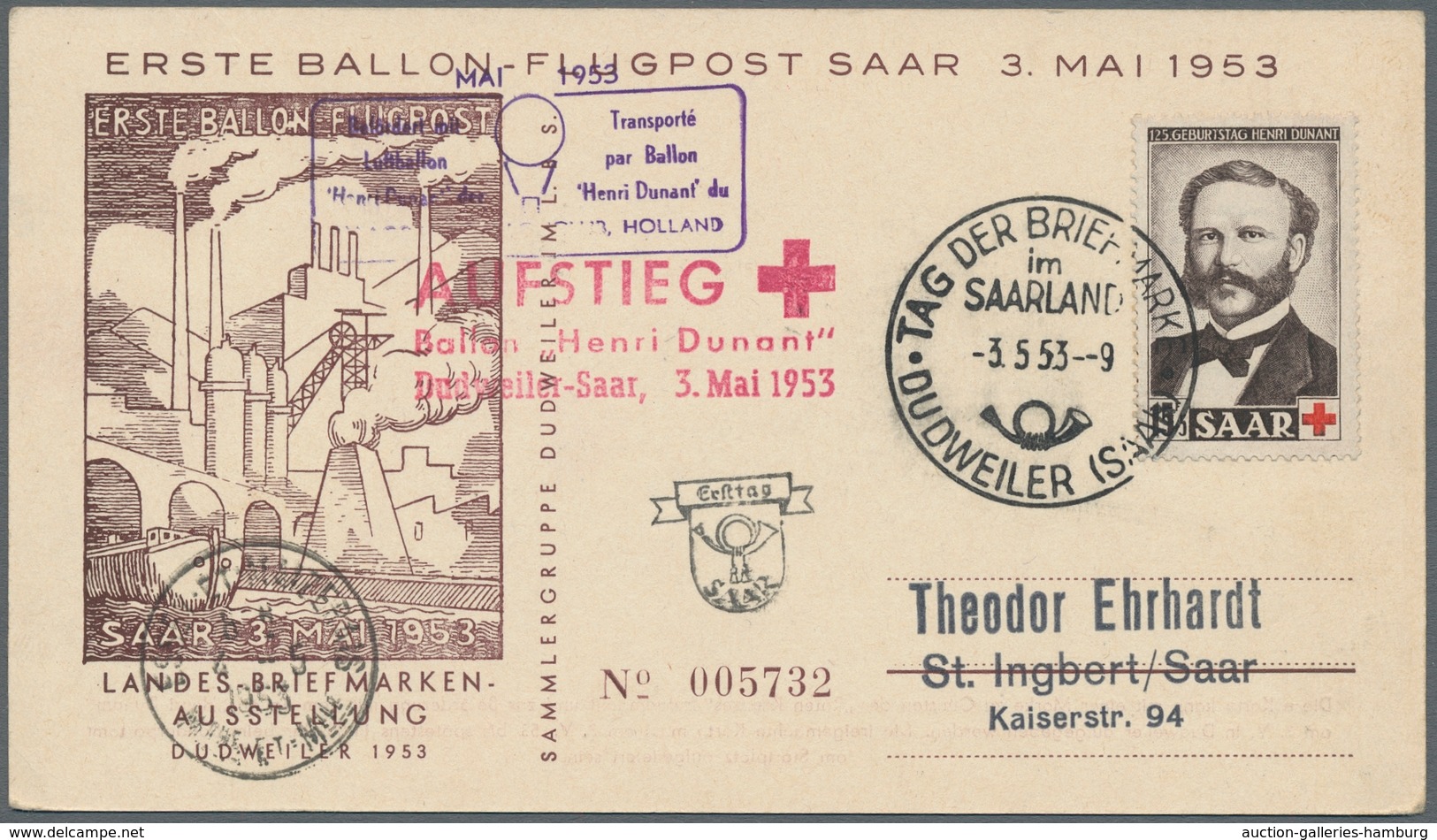 Saarland (1947/56): 1953, "Henri Dunant", sieben Ersttagskarten, alle per Ballonpost befördert, deko