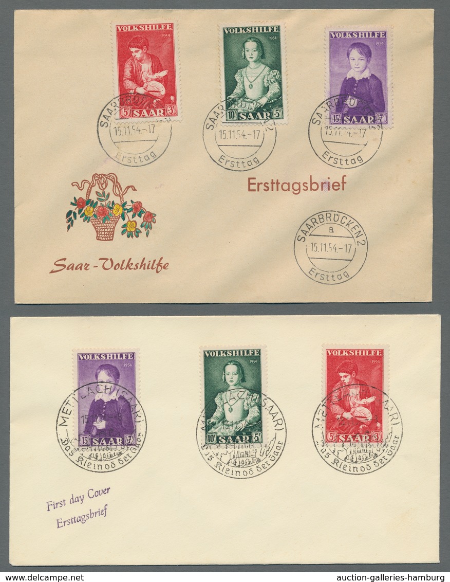 Saarland (1947/56): 1954, Volkshilfe-Satz Achtmal Kpl. Mit Ersttagsstempelentwertung Auf 8 FDC-Umsch - Briefe U. Dokumente