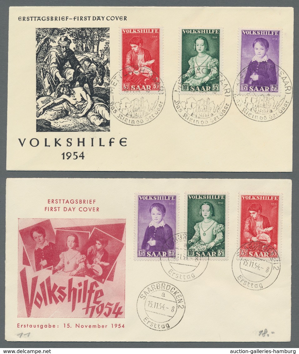 Saarland (1947/56): 1954, Volkshilfe-Satz Achtmal Kpl. Mit Ersttagsstempelentwertung Auf 8 FDC-Umsch - Cartas & Documentos