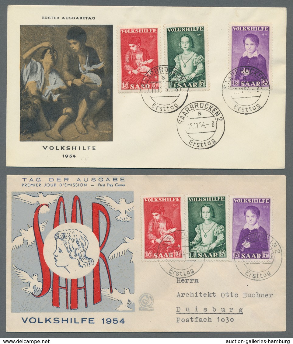 Saarland (1947/56): 1954, Volkshilfe-Satz Achtmal Kpl. Mit Ersttagsstempelentwertung Auf 8 FDC-Umsch - Cartas & Documentos
