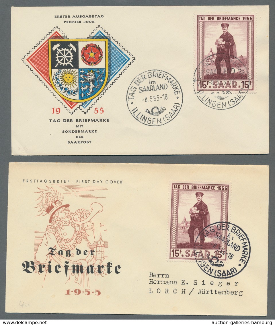 Saarland (1947/56): 1955, "Tag Der Briefmarke"-Partie Von 8 FDC-Umschlägen. Enthalten Sind 6 Schmuck - Cartas & Documentos