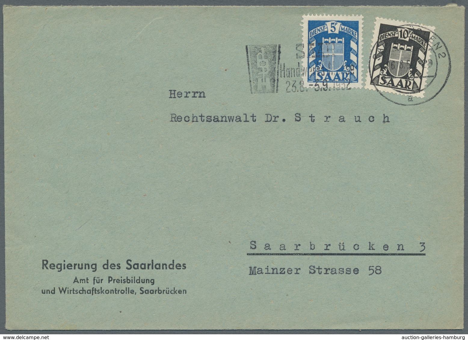 Saarland (1947/56) - Dienstmarken: 1950-51 (ca.), neun Belege, meist 20+50Fr frankiert, alle mit Mas