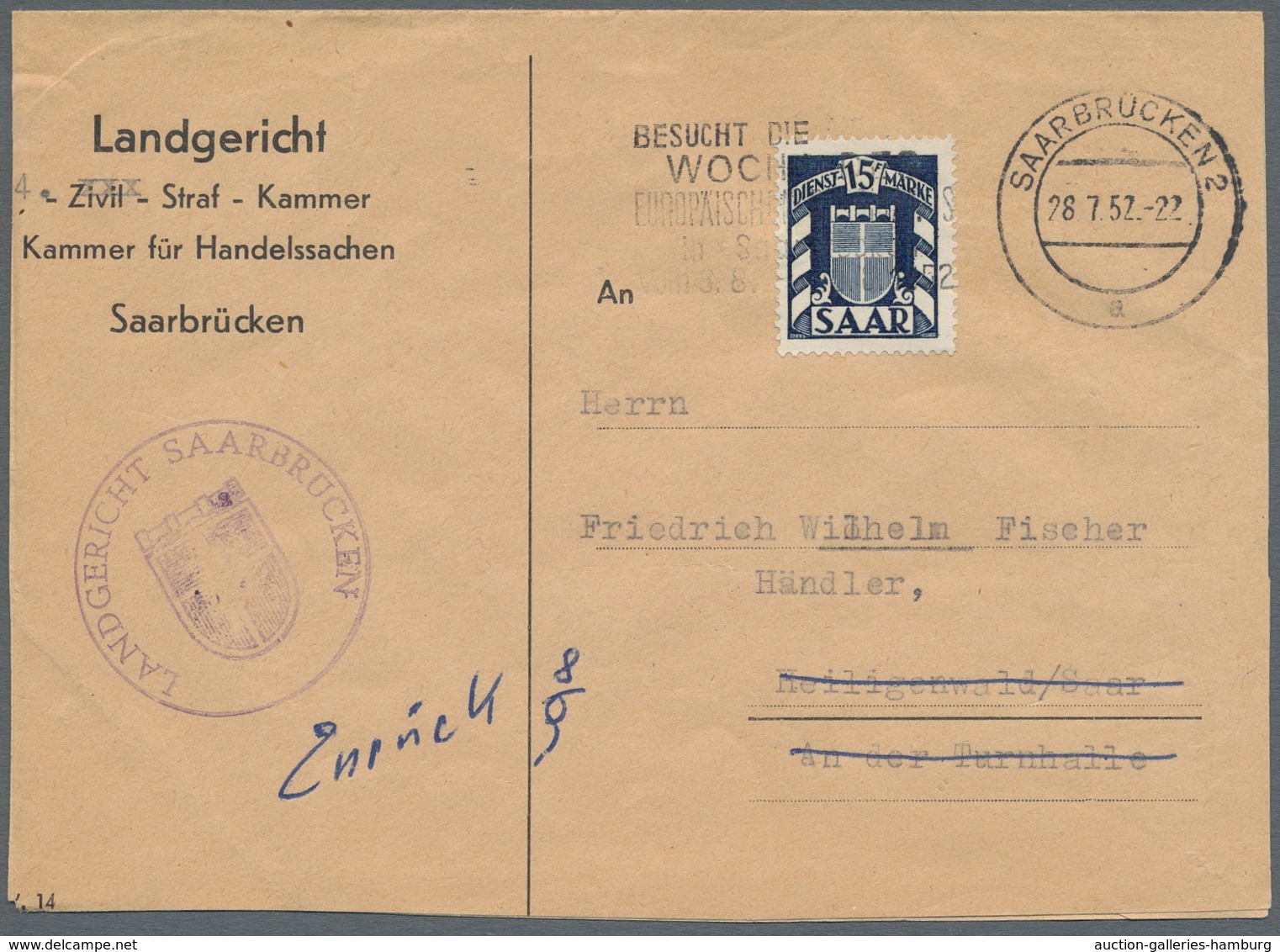 Saarland (1947/56) - Dienstmarken: 1950-53 (ca.), 13 Einzelfrankaturen Der 15Fr, Saubere Qualität - Otros & Sin Clasificación