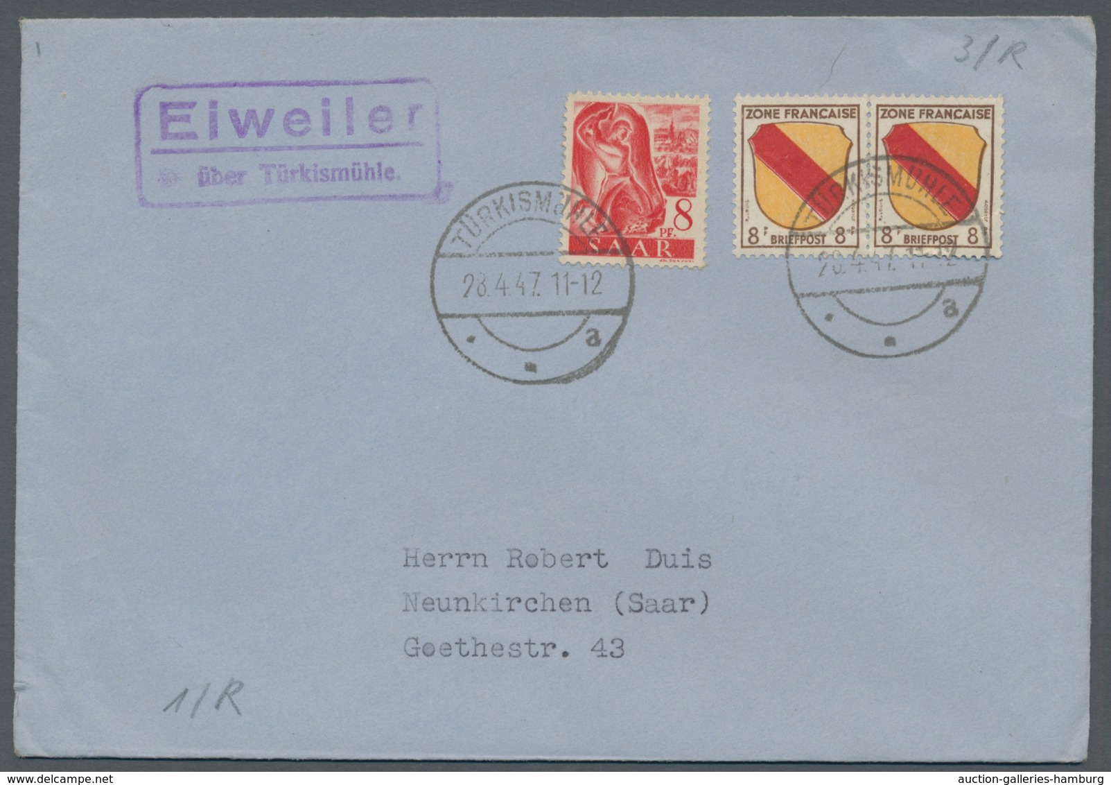 Saarland (1947/56) - Besonderheiten: "Eiweiler über Türkismühle", Klarer Abschlag Des Landpoststempe - Other & Unclassified