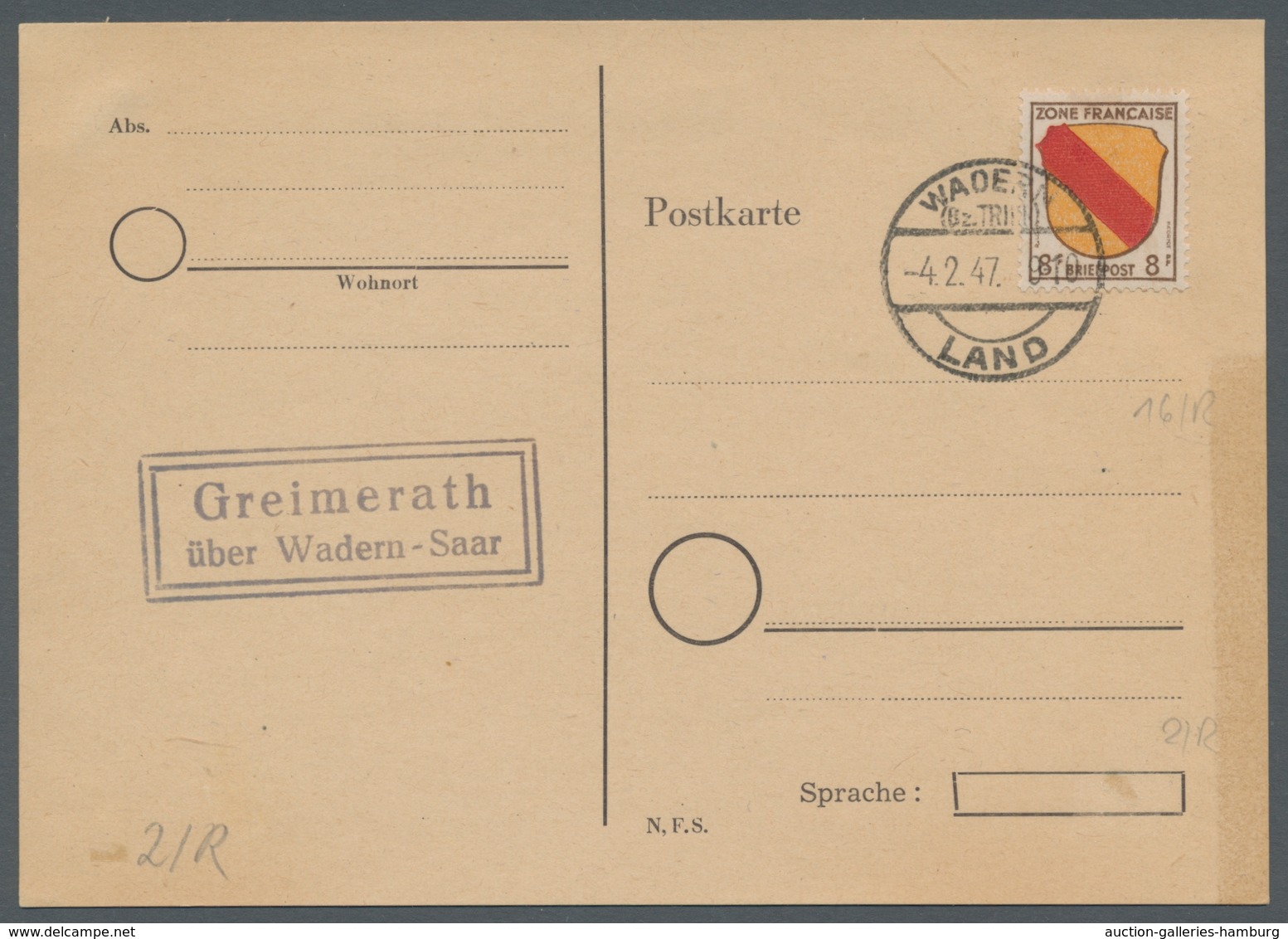 Saarland (1947/56) - Besonderheiten: "Greimerath über Wadern-Saar", Klarer Abschlag Des Landpoststem - Other & Unclassified
