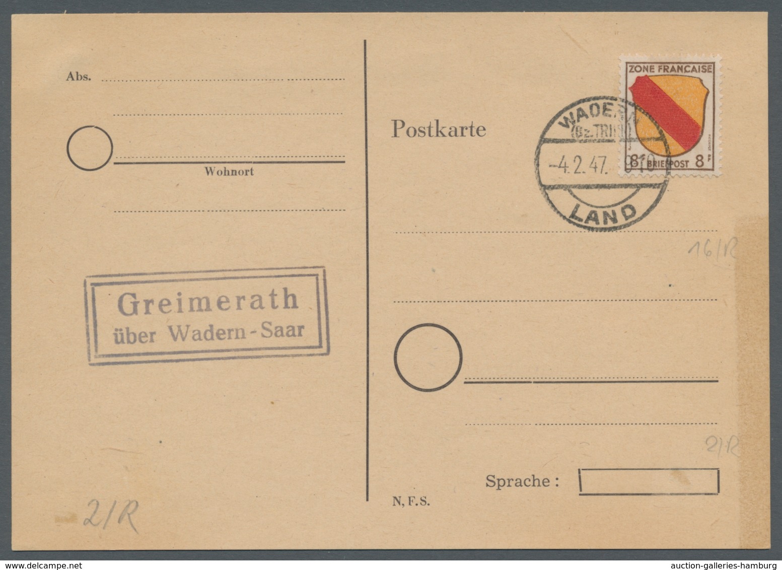 Saarland (1947/56) - Besonderheiten: "Greimerath über Wadern-Saar", Klarer Abschlag Des Landpoststem - Otros & Sin Clasificación