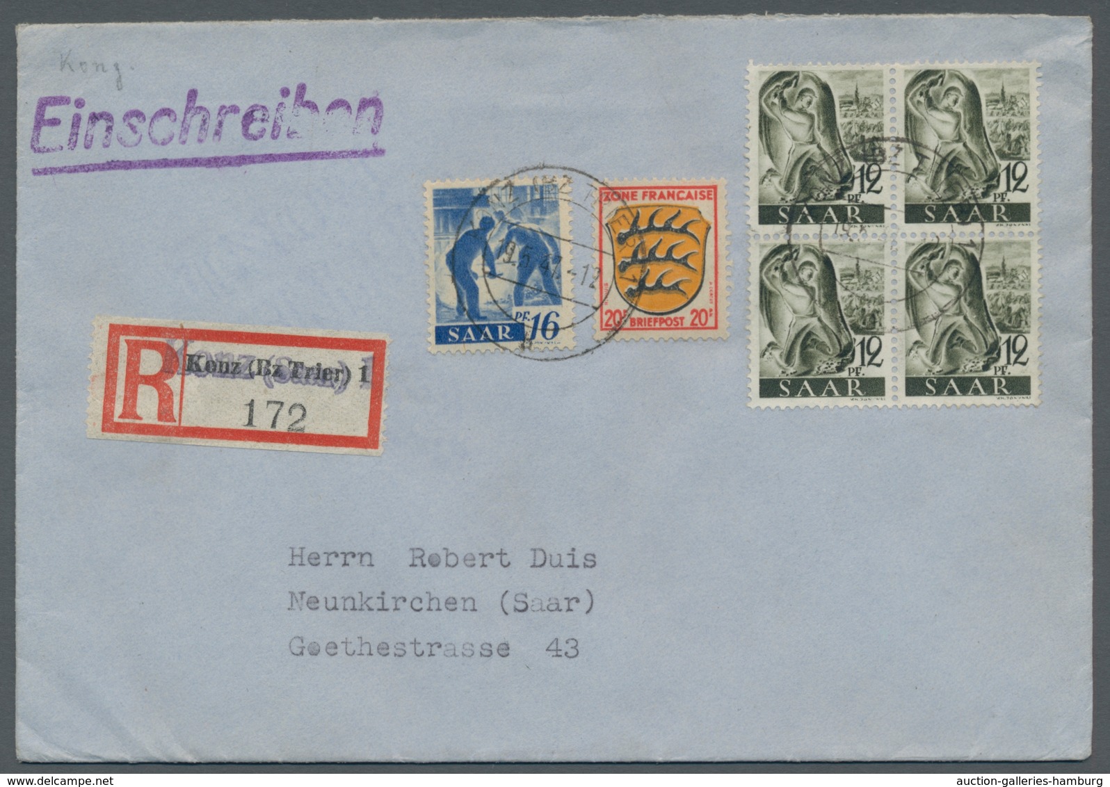 Saarland (1947/56) - Besonderheiten: "KONZ (BZ. TRIER) B 19.5.47", Klarer Abschlag Auf Mit MiF Frz. - Otros & Sin Clasificación