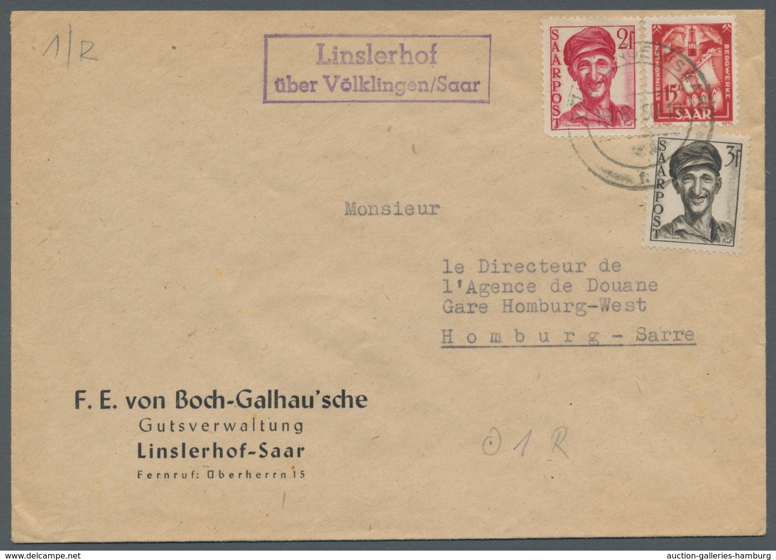 Saarland (1947/56) - Besonderheiten: "Linslerhof über Völklingen/Saar", Klarer Abschlag Des Landpost - Otros & Sin Clasificación