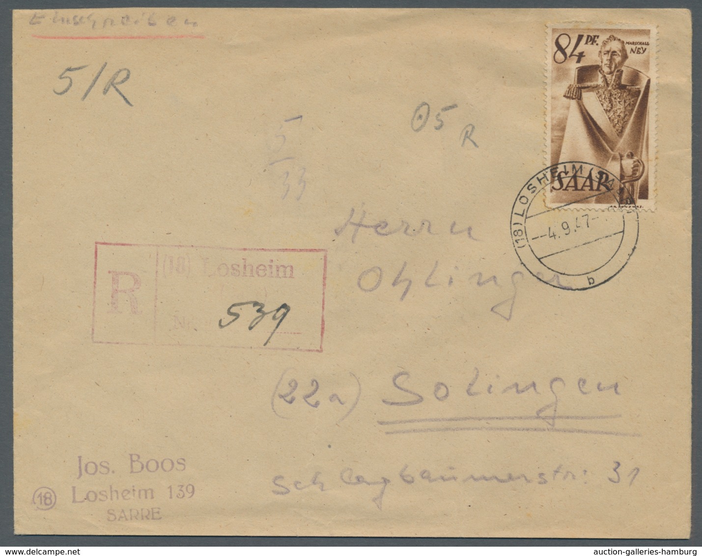 Saarland (1947/56) - Besonderheiten: "18 LOSHEIM (SAAR) -4.7.47", Klar Auf Portorichtig Frankiertem - Other & Unclassified