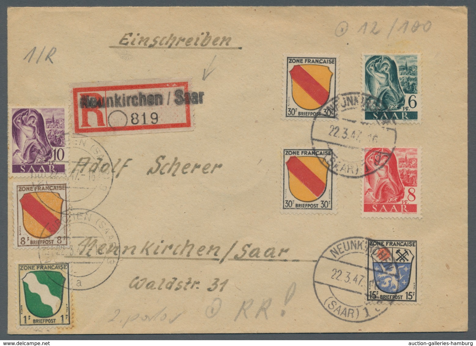 Saarland (1947/56) - Besonderheiten: NEUNKIRCHEN (SAAR) 1 G 22.3.47, Sauber Auf Mit Portorichtiger M - Other & Unclassified