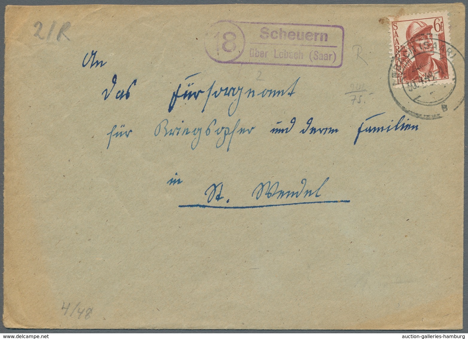Saarland (1947/56) - Besonderheiten: "18 Scheuern über Lebach (Saar)", Klarer Abschlag Des Landposts - Otros & Sin Clasificación