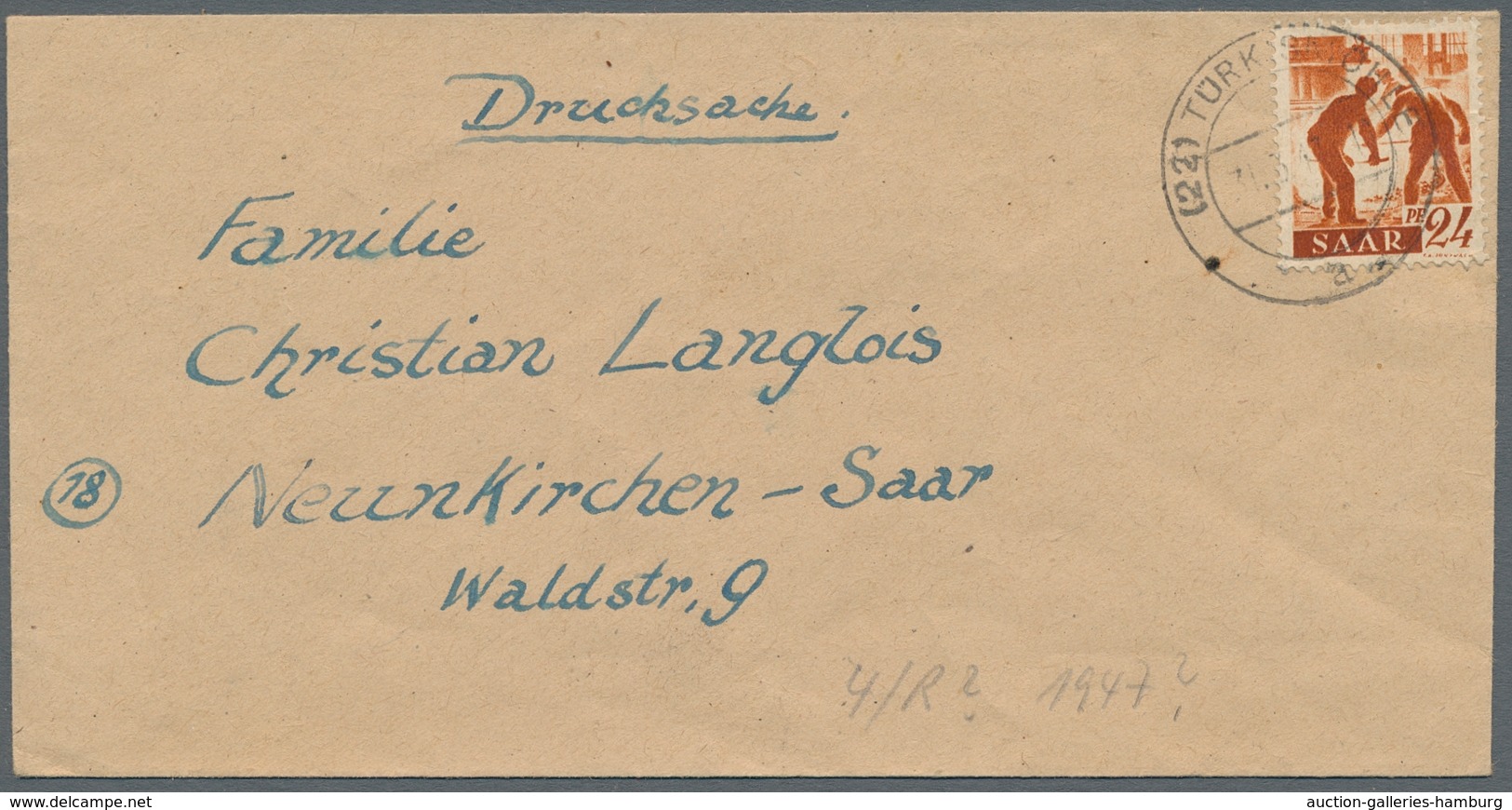 Saarland (1947/56) - Besonderheiten: 22 TÜRKISMÜHLE A 31.3.47, Klarer Abschlag Auf Mit Saar I Frank. - Otros & Sin Clasificación