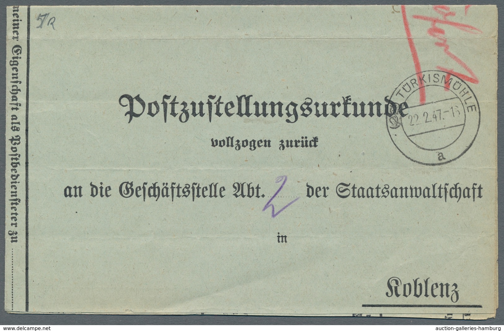 Saarland (1947/56) - Besonderheiten: 22 TÜRKISMÜHLE A 22.7.47, Klarer Abschlag Auf Postzustellungsur - Otros & Sin Clasificación