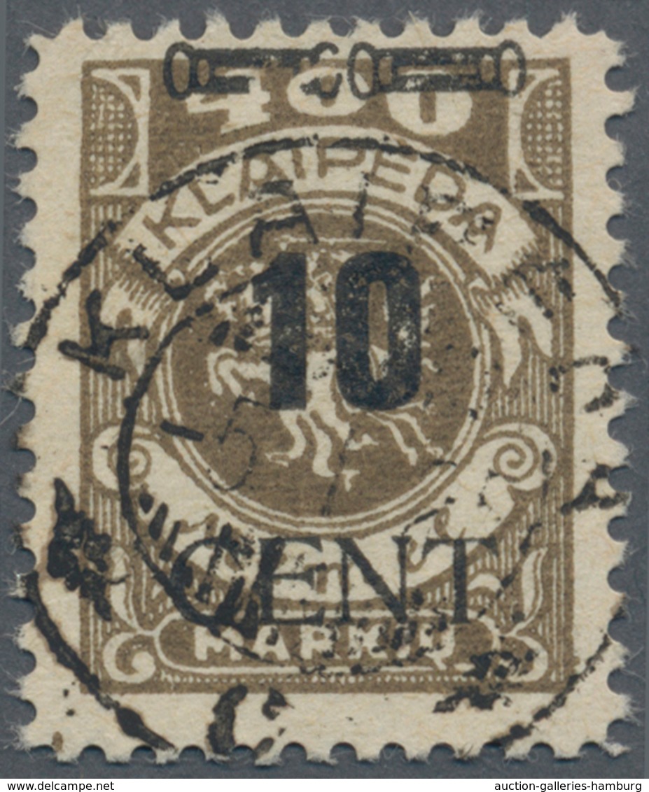 Memel: 1923, 10 C. Auf 400 M. Dunkelolivbraun Mit Aufdruckfehler "linker Zierbalken Zu Ca. 1/4 Ausge - Memel (Klaipeda) 1923