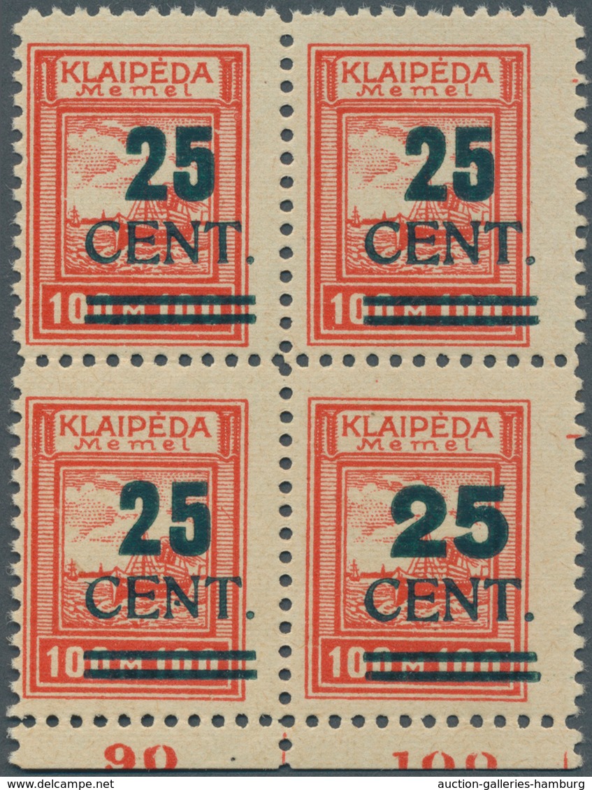 Memel: 1923, 25 C. Auf 100 M. Grünaufdruck, Viererblock Mit Unterrandteil, Dabei Rechte Untere Marke - Klaipeda 1923